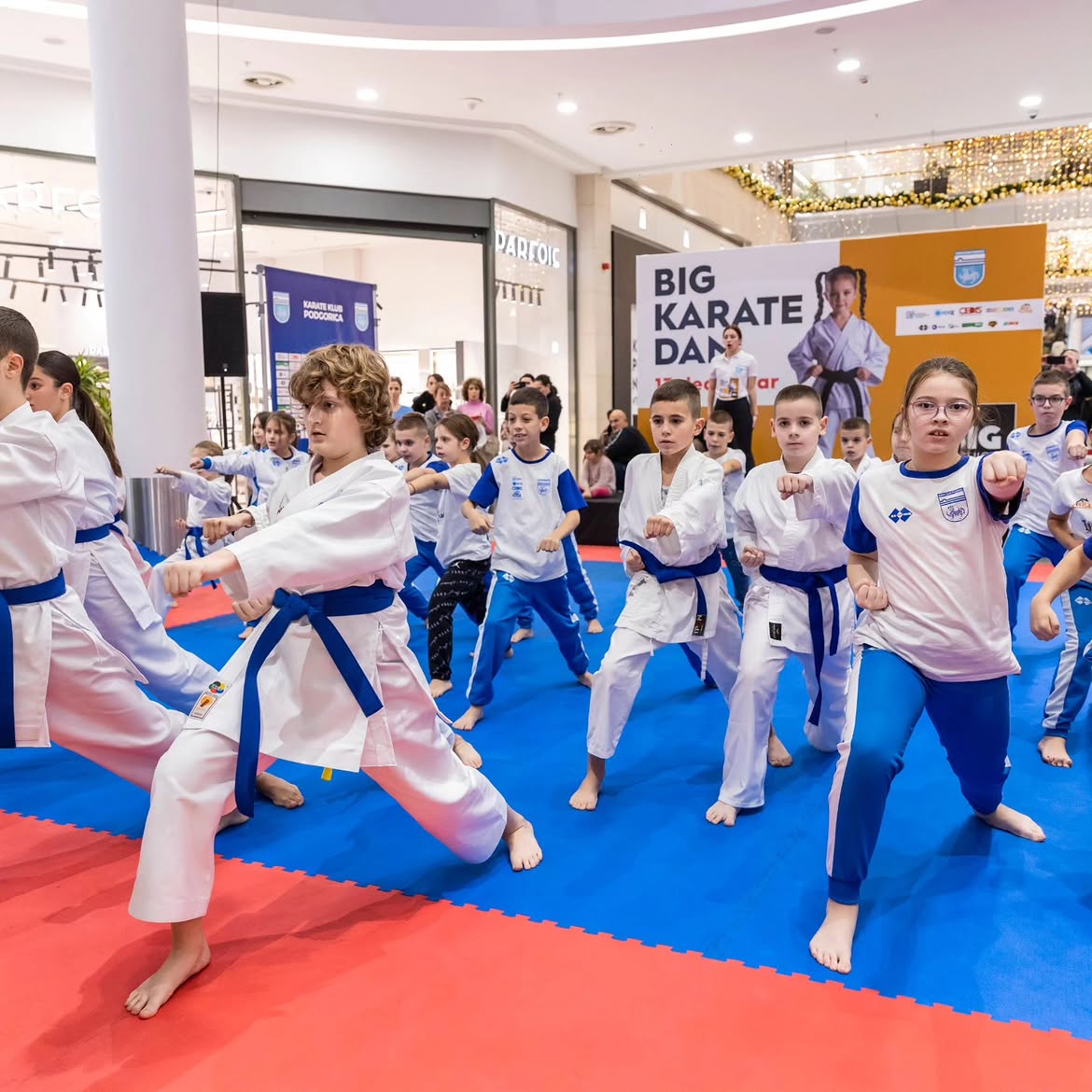 Children from Podgorica Karate Club demonstrating movements at a public karate event