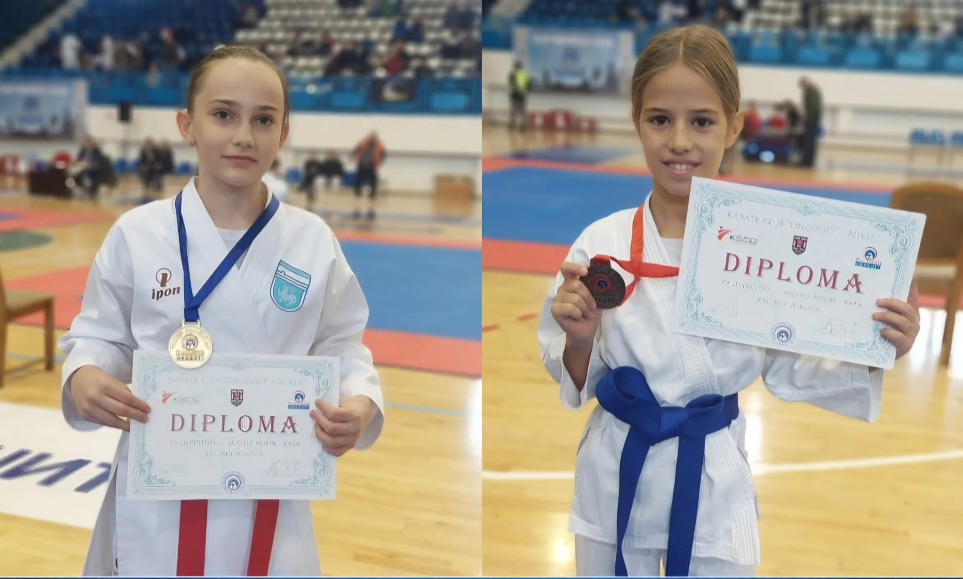 Female competitors with medals and certificates in a sports hall